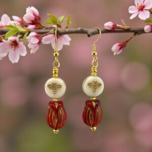 Gold Bees and Garnet Tulips Earrings Czech Glass Gold Plated